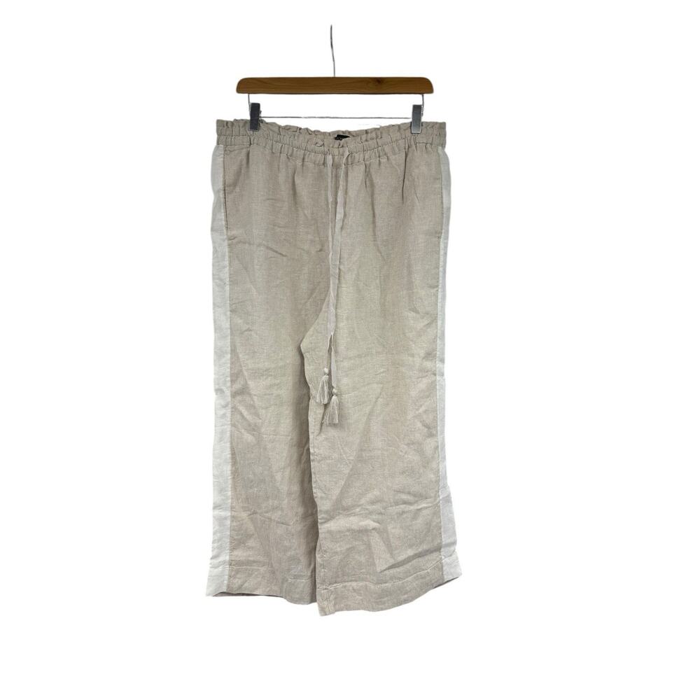 J. Crew Drawstring Linen Pants Wide Leg Crop Beige White Side Stripe Beach L